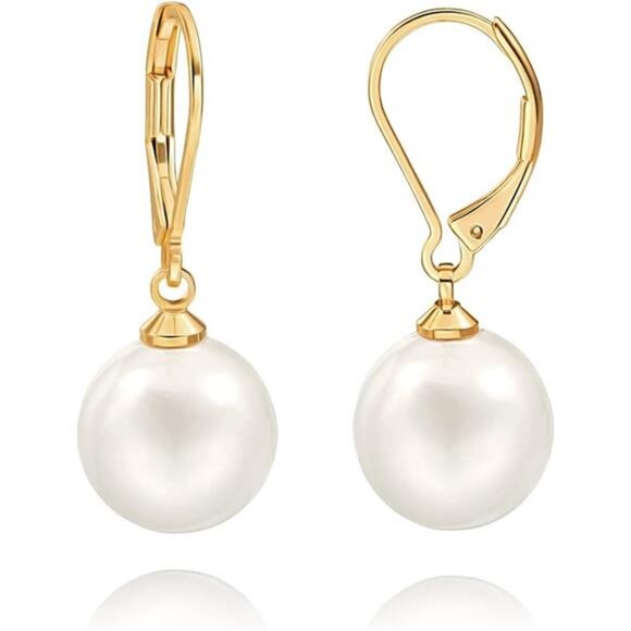 18K Gold Plated Leverback Pearl Earrings | 12mm White Shell Pearl Drops - Picture 1 of 5